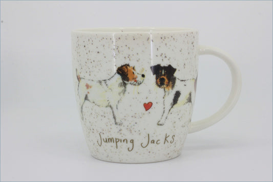 Queens - Delightful Dogs - Mug (Jumping Jacks) - Mug with illustrations of dogs and the text 'Jumping Jacks' on a white background