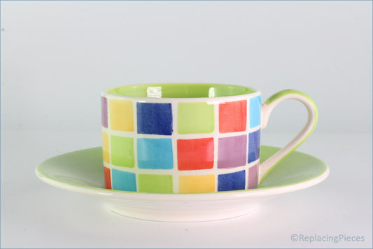 RPW253 - Whittards - Teacup And Saucer (Multi Coloured Squares - Green Interior)