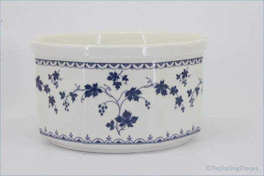 Royal Doulton - Hartford (LS1085) - Souffle Dish - White ceramic souffle dish with blue floral pattern on a white background