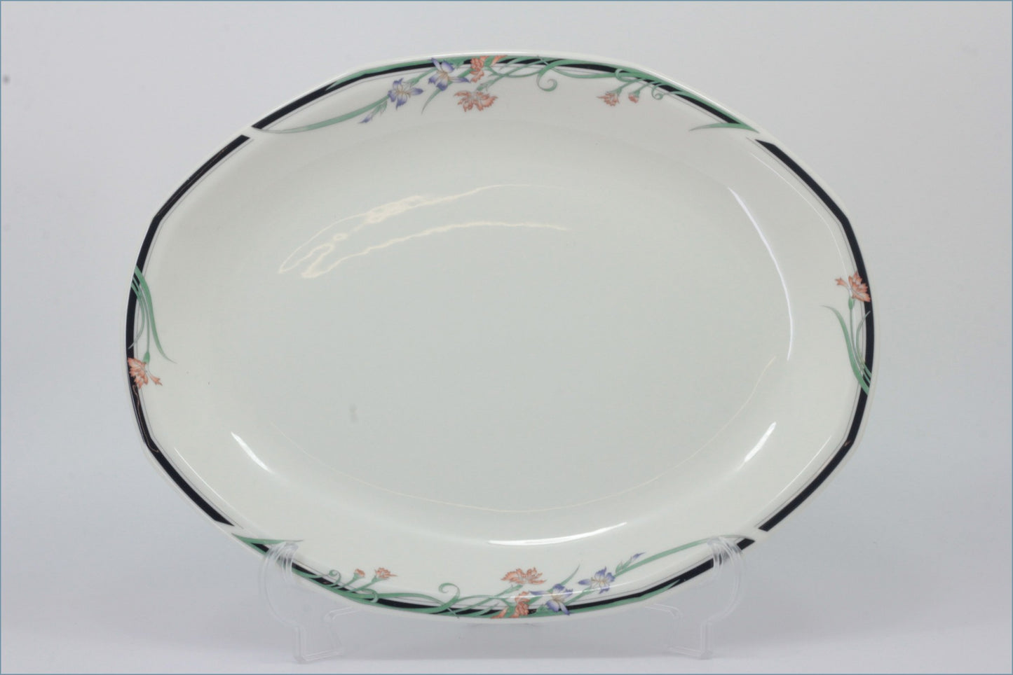 Royal Doulton - Juno - 16" Oval Platter - White ceramic platter with floral rim design on a white background