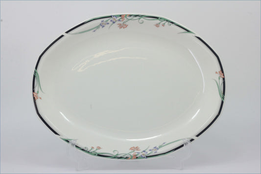 Royal Doulton - Juno - 13 1/2" Oval Platter  - White ceramic platter with floral rim design on a white background