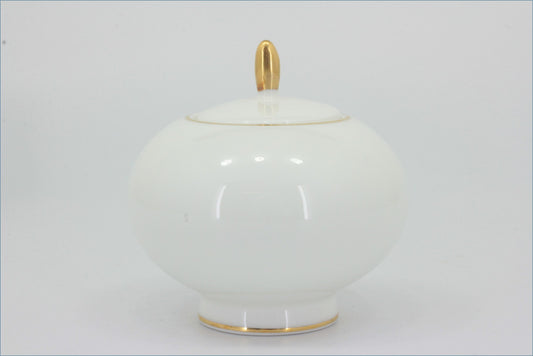 Royal Doulton - Symmetry Gold - Lidded Sugar Bowl - White ceramic jar with gold accents on a white background