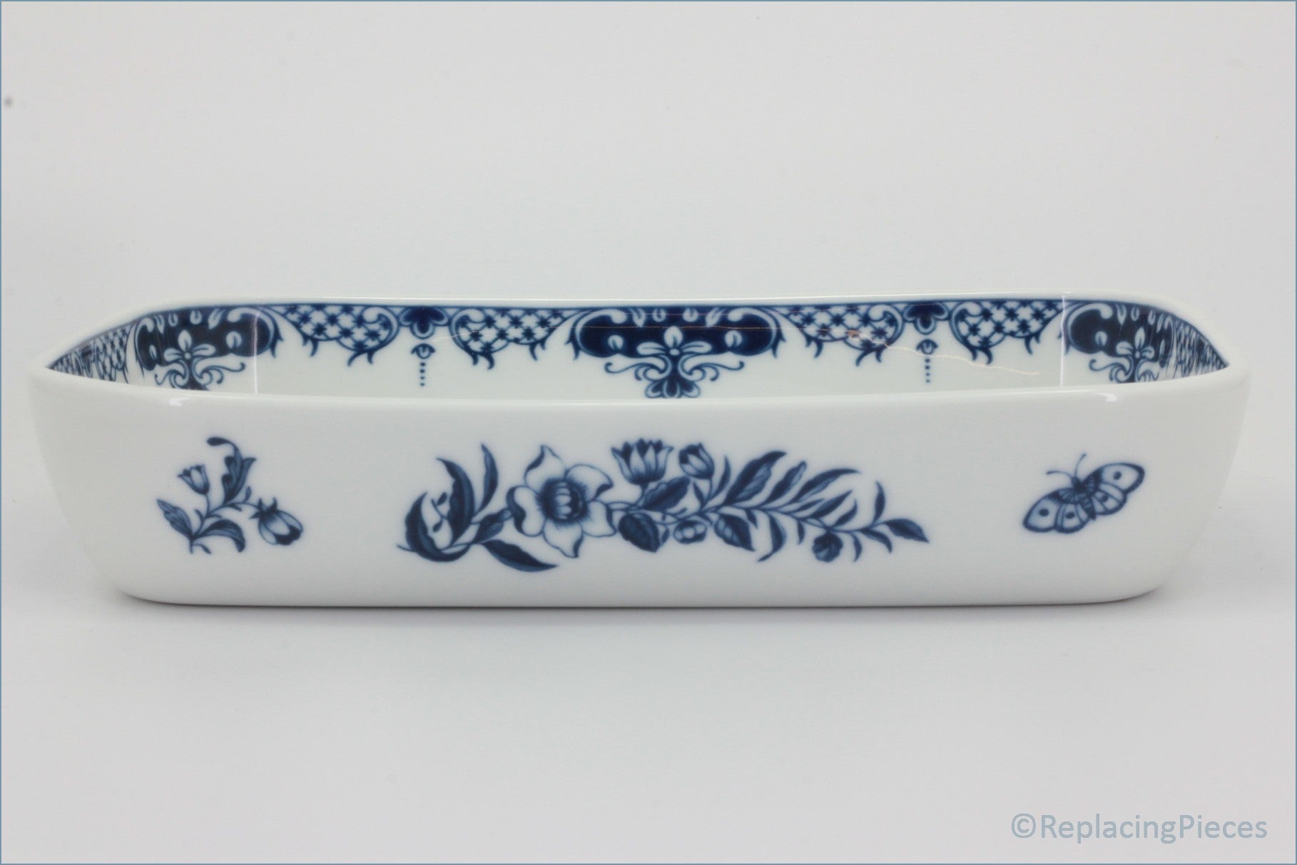 Royal Worcester - Hanbury - 10 1/2" Oblong Roaster - Rectangular white dish with blue floral patterns on a light gray background