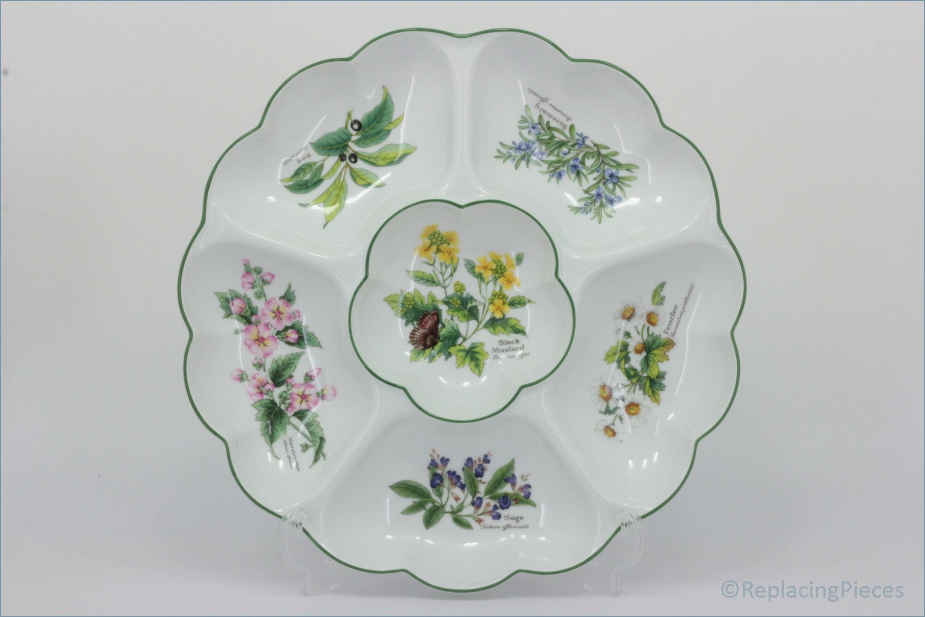 Royal Worcester - Worcester Herbs - 13 5/8" Hors D'oeuvre Dish  - Decorative ceramic plate with floral designs on a white background