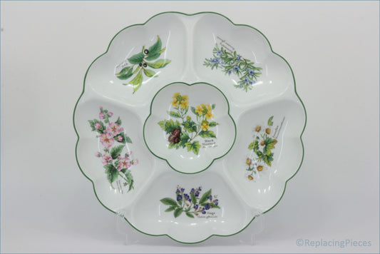Royal Worcester - Worcester Herbs - 13 5/8" Hors D'oeuvre Dish  - Decorative ceramic plate with floral designs on a white background