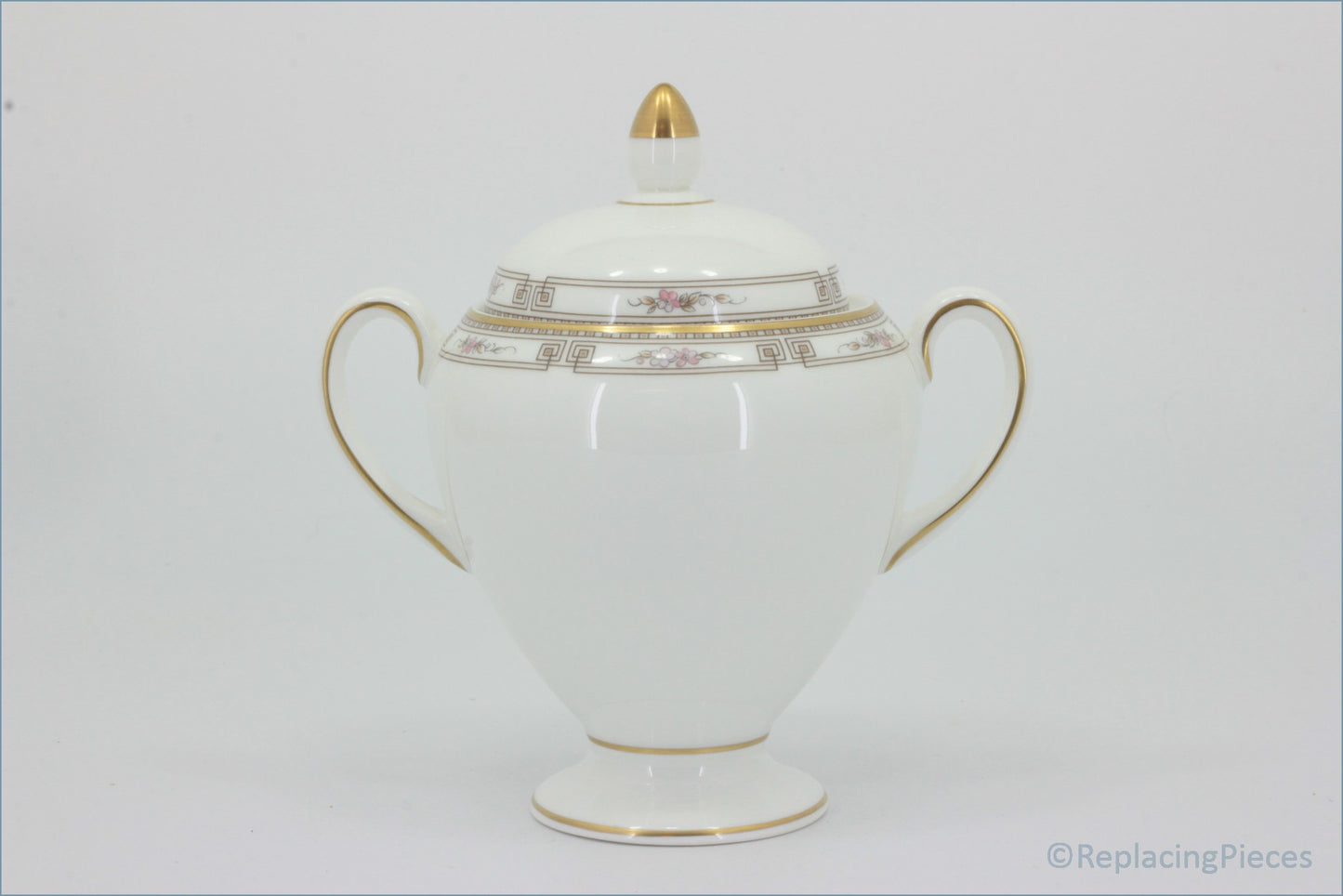 Wedgwood - Colchester - Lidded Sugar Bowl (Tall) - White ceramic sugar bowl with gold accents on a white background