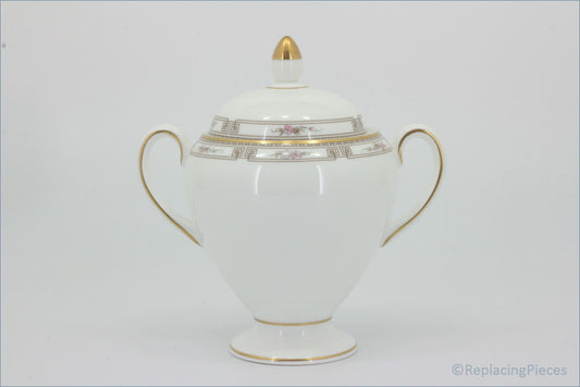 Wedgwood - Colchester - Lidded Sugar Bowl (Tall) - White ceramic sugar bowl with gold accents on a white background