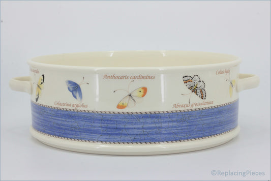 Wedgwood - Sarahs Garden - Stacking Casserole (No Lid) - Ceramic dish with butterfly designs and text on a white background
